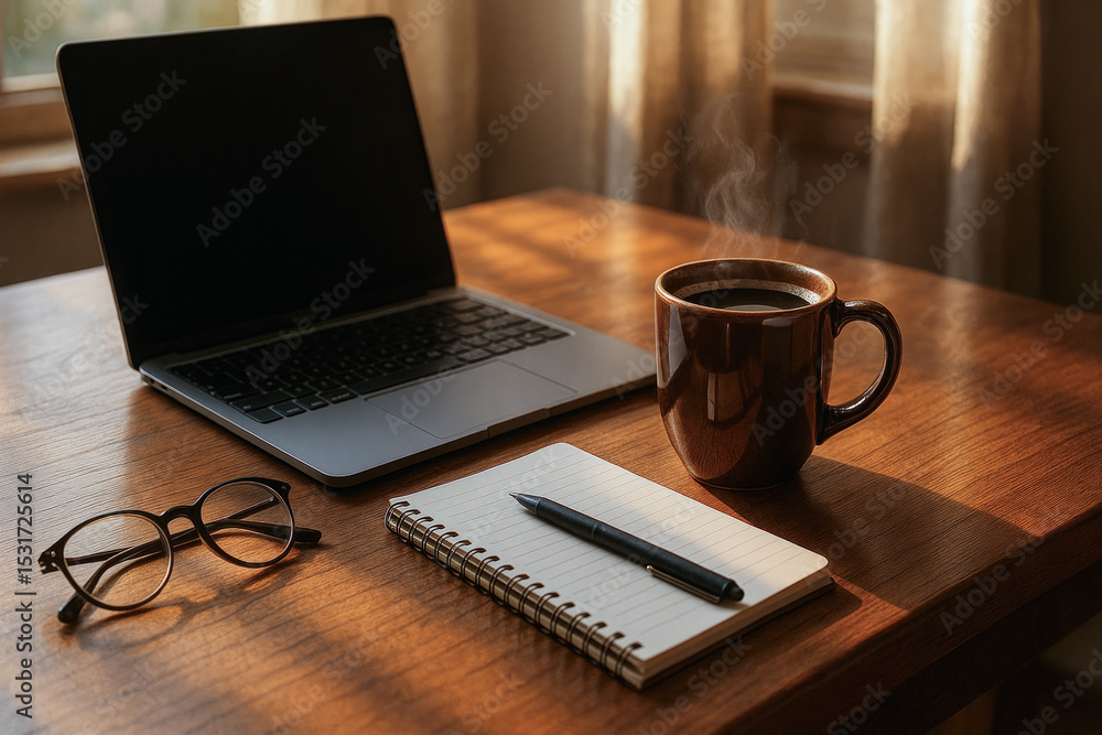 Fototapeta premium Warm morning workspace with coffee, laptop, notebook, and glasses on wooden desk, reflecting productivity, focus, and coffee-driven routines. 