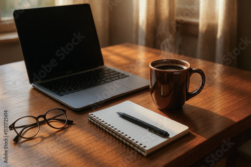 Warm morning workspace with coffee, laptop, notebook, and glasses on wooden desk, reflecting productivity, focus, and coffee-driven routines.
