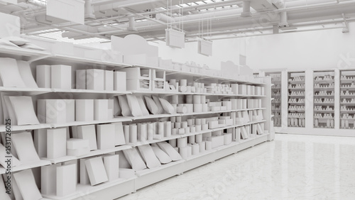 3D Rendering. Store interior supermarket with shelf shelves.