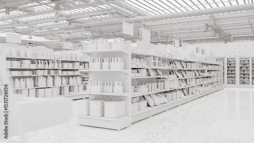 3D Rendering. Store interior supermarket with shelf shelves.