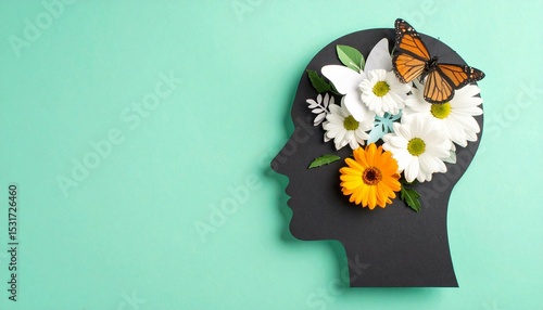 Cardboard silhouette of human head decorated with flowers and butterfly on mint background World mental health day concept Vertical banner Copy space 