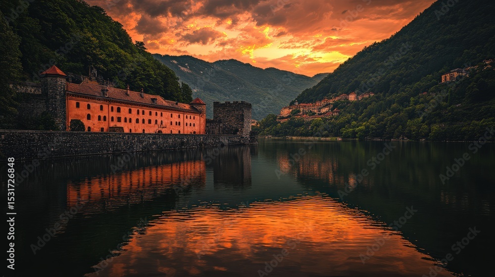 Fototapeta premium Serene Sunset Reflection Over Historic Fortress and Calm Waters