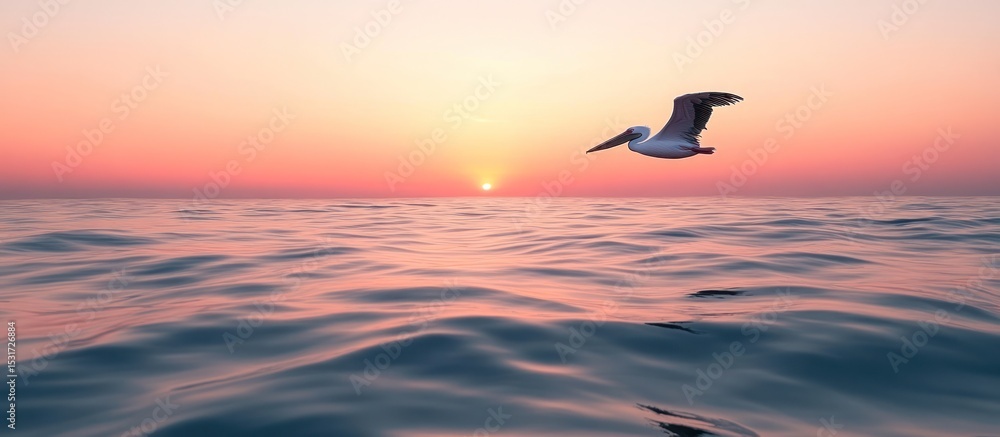 Fototapeta premium Pelican in flight over ocean at sunset.