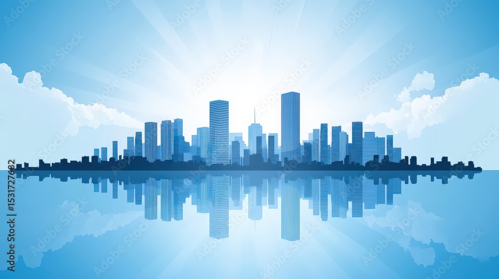 Obraz premium Vibrant City Skyline Reflection Under Bright Blue Sky
