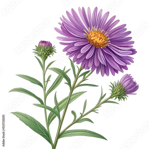 New England Aster Bloom with Purple Petals Realistic Wildflower Vector Illustration