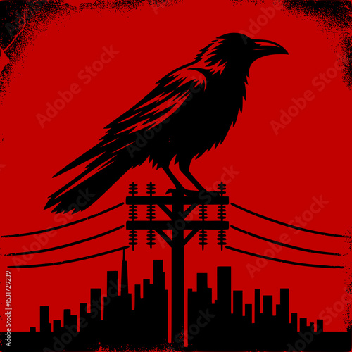 Red Crow Sitting on Power Pole Vector Illustration in Grunge Distressed Style on Black Background with Dark Gothic Vibe