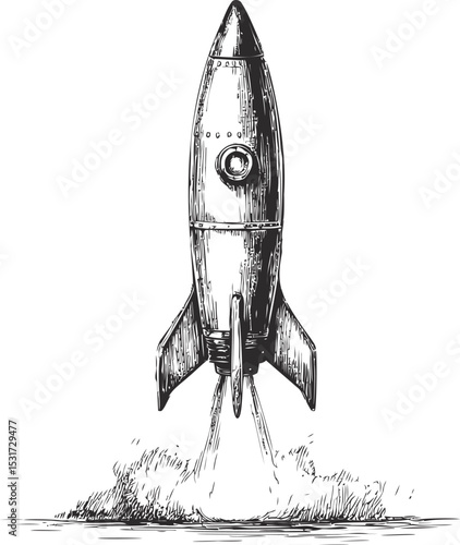 Vintage rocket ship illustration in black and white sketch style. Vector illustration