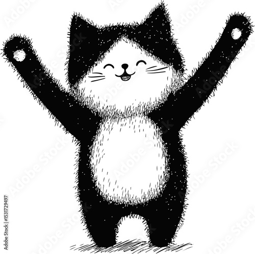 Cute black and white cartoon cat with arms up, ink drawing in sketch style. Vector illustration