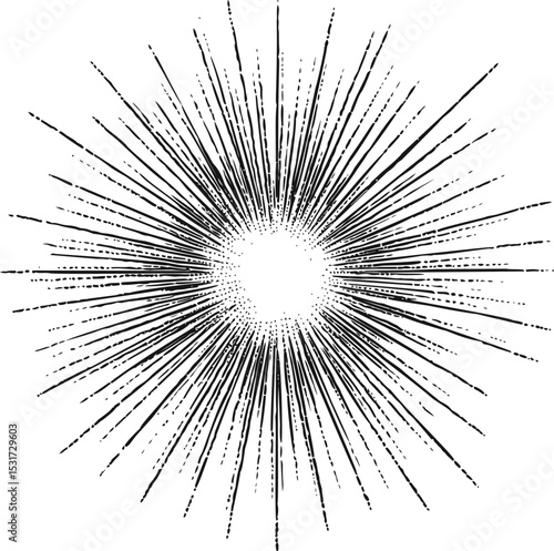 Abstract black and white starburst with radial lines pattern. Vector illustration in sketch style