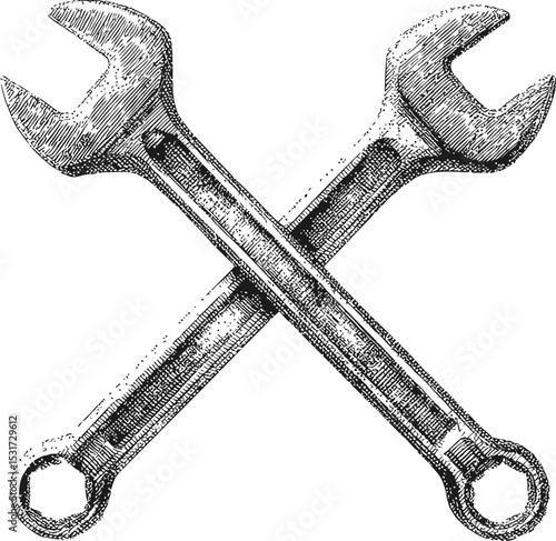 Crossed wrenches in vintage etching style black and white. Vector illustration