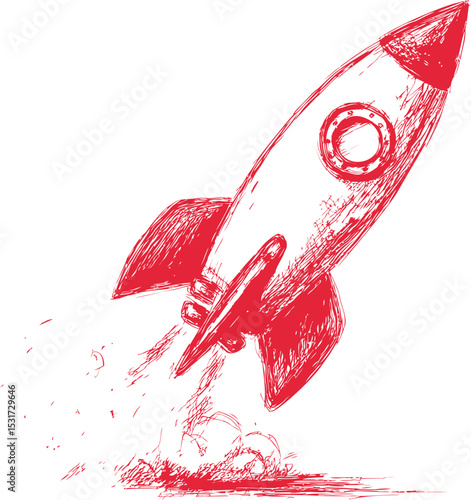 Red hand-drawn rocket launching with flames and smoke, sketch style art. Vector illustration