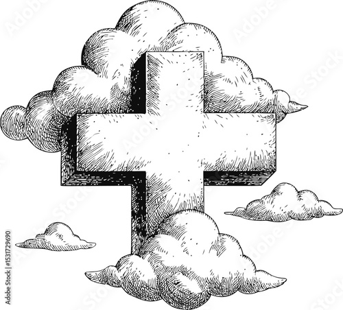 Cross surrounded by clouds in detailed black and white in sketch style. Vector illustration