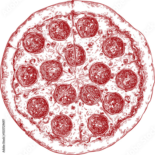 Detailed red sketch of pepperoni pizza with crispy crust, hand-drawn. Vector illustration