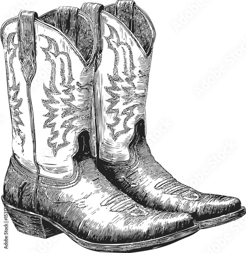 Illustration of rustic cowboy boots with intricate embroidery details. Vector illustration in sketch style