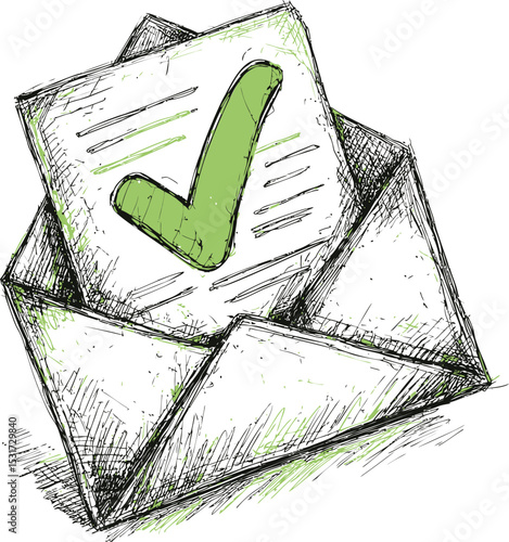 Envelope with green check mark sketch art representing approval concept. Vector illustration