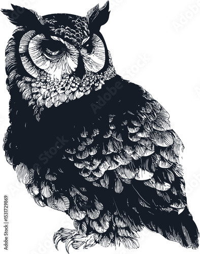Illustration of a detailed black and white owl with intricate feather patterns. Vector illustration in sketch style