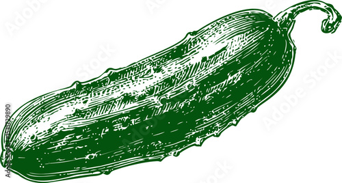 Green hand-drawn cucumber sketch with detailed texture. Vector illustration