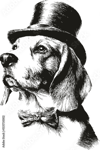 Beagle dog wearing a top hat and bow tie in a detailed black ink. Vector illustration
