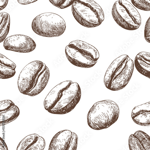 Seamless pattern with brown hand-drawn coffee beans. Vector illustration