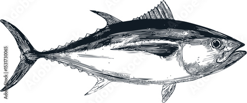Detailed black and white illustration of a tuna fish, marine life art piece. Vector illustration