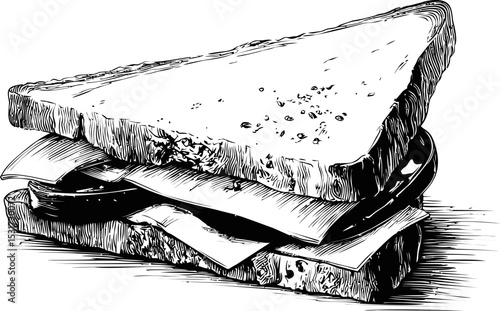 Black and white illustration of a layered sandwich with tomato and cheese. Vector illustration