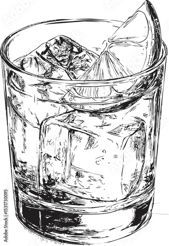 Hand-drawn glass of iced drink with lemon slice, detailed line art sketch. Vector illustration