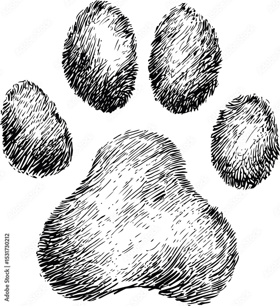 custom made wallpaper toronto digitalIllustrated black ink dog paw print with detailed fur texture in sketch style. Vector illustration