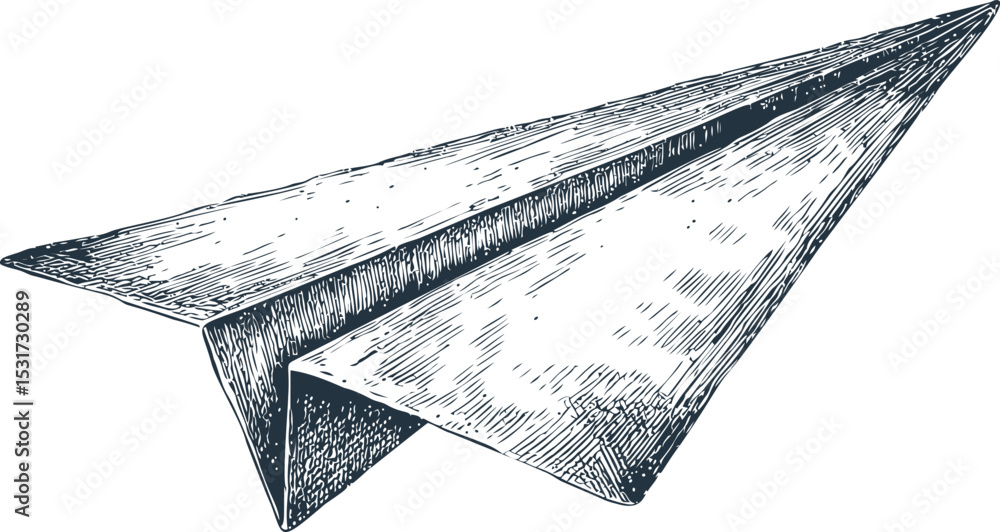 Illustration of a monochrome paper airplane with detailed line art sketch. Vector illustration