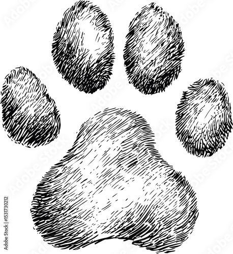 Illustrated black ink dog paw print with detailed fur texture in sketch style. Vector illustration