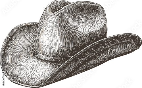 Black and white illustration of a cowboy hat in vintage sketch style. Vector illustration