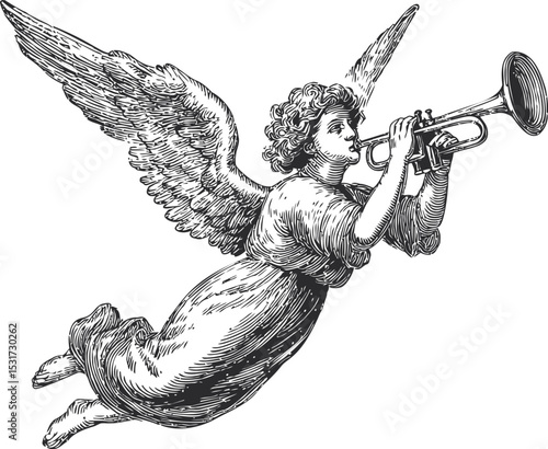 Angel with trumpet in detailed black and white illustration, vintage style. Vector illustration