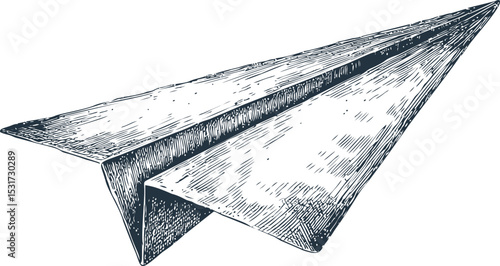 Illustration of a monochrome paper airplane with detailed line art sketch. Vector illustration