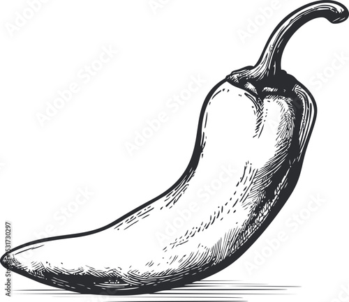 Black and white illustration of a chili pepper in sketch style. Vector illustration
