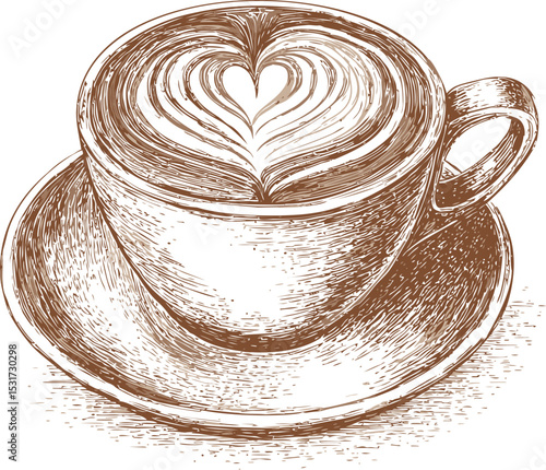 Illustration of a coffee cup with heart-shaped latte art in brown sketch style. Vector illustration
