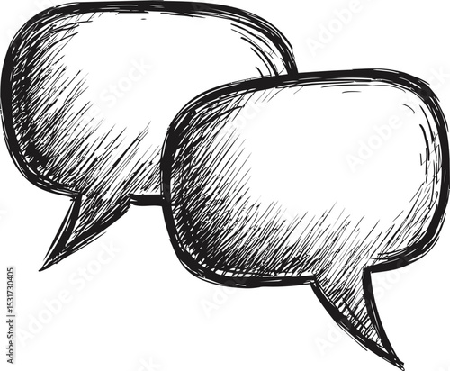 Sketch drawing of two overlapping speech bubbles in black and white, communication concept. Vector illustration