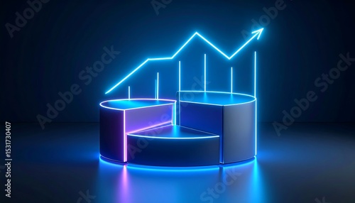 A vibrant neon pie chart shows upward trend, projecting a visual impact of business growth strategy.