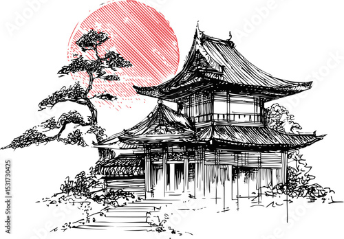 Traditional japanese temple with pine tree and red sun in artistic sketch style. Vector illustration