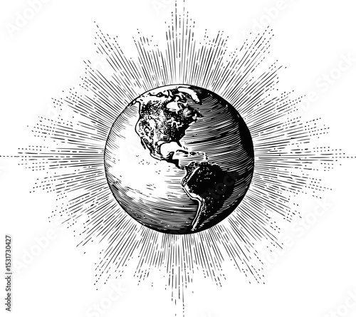 Vintage black and white illustration of earth with sunburst rays around it. Vector illustration
