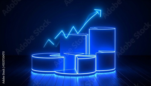 Electric blue neon illuminates a financial growth chart on a dark wooden floor showing success.