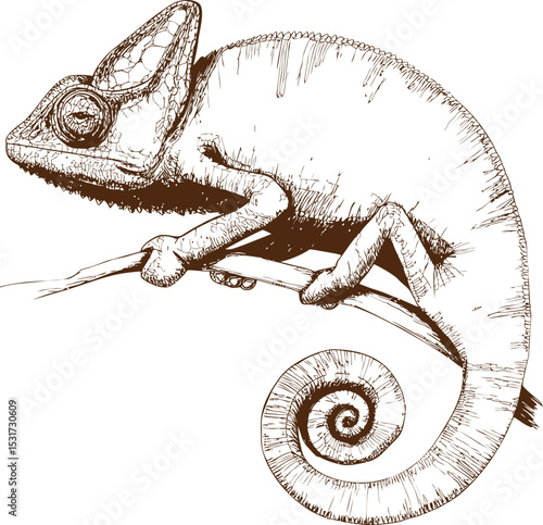 Detailed sketch of a chameleon with coiled tail on a branch in sepia tone. Vector illustration