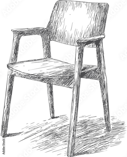 Detailed sketch of a wooden chair with armrests. Vector illustration