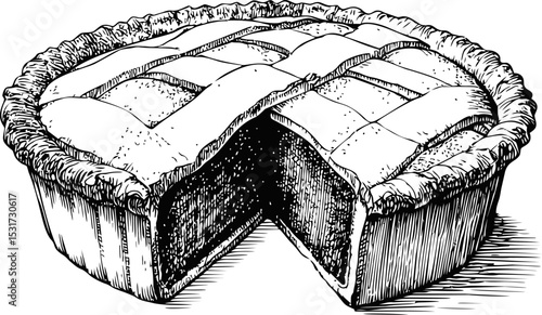 Detailed black and white illustration of a sliced lattice apple pie. Vector illustration in sketch style