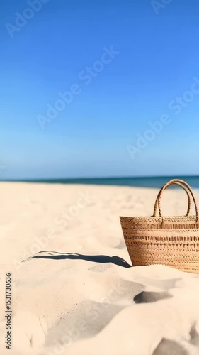 Wicker straw tote bag resting on the white sandy beach with the blue ocean in the blurred background on a sunny day