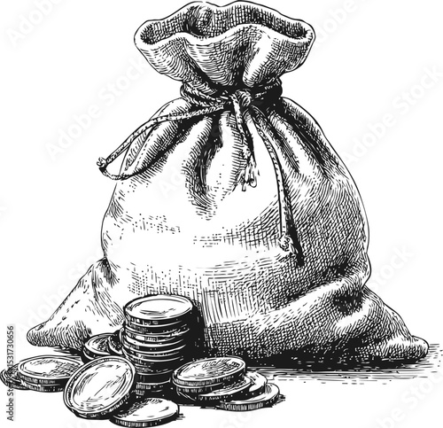 Drawn bag filled with coins and scattered stack. Vector illustration in sketch style