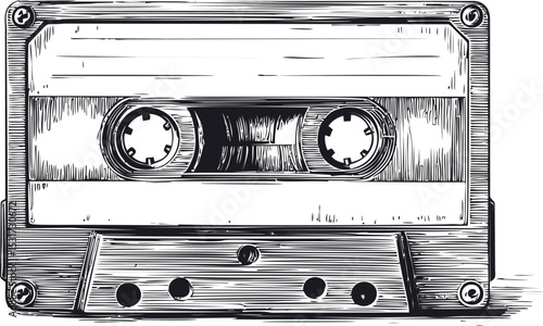 Sketch vintage cassette tape in black and white with detailed lines. Vector illustration