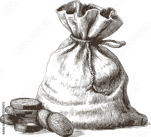 Vintage illustration of a coin sack with stacked coins. Vector illustration in sketch style
