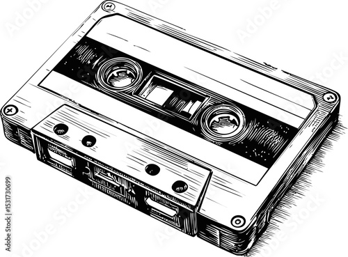 Monochrome illustration of vintage cassette tape with detailed lines. Vector illustration in sketch style