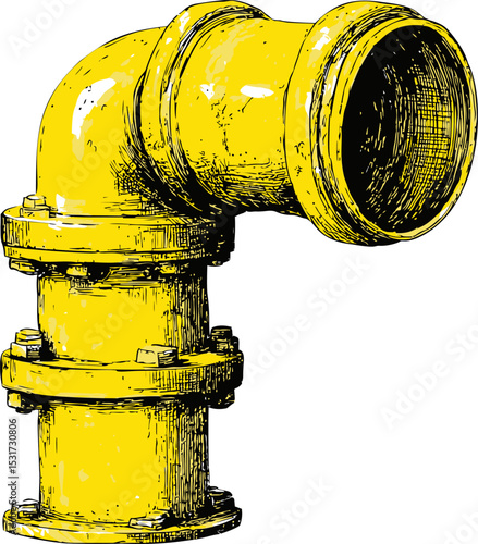Yellow industrial pipe with elbow joint, in sketch style. Vector illustration