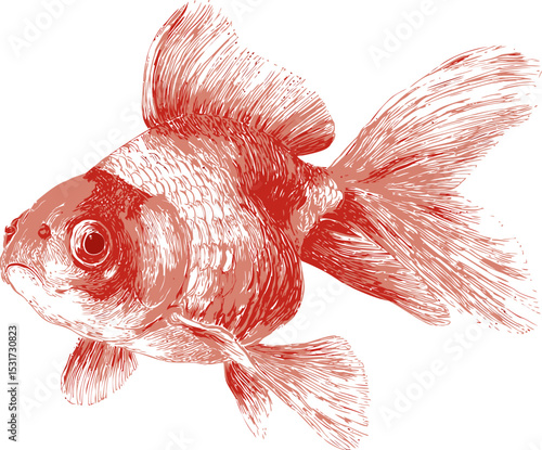 Detailed red ink drawing of a goldfish with flowing fins. Vector illustration