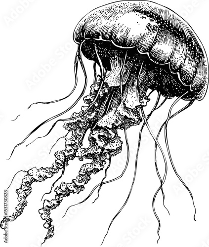 Vintage illustration of a detailed jellyfish with flowing tentacles, black and white sketch style. Vector illustration